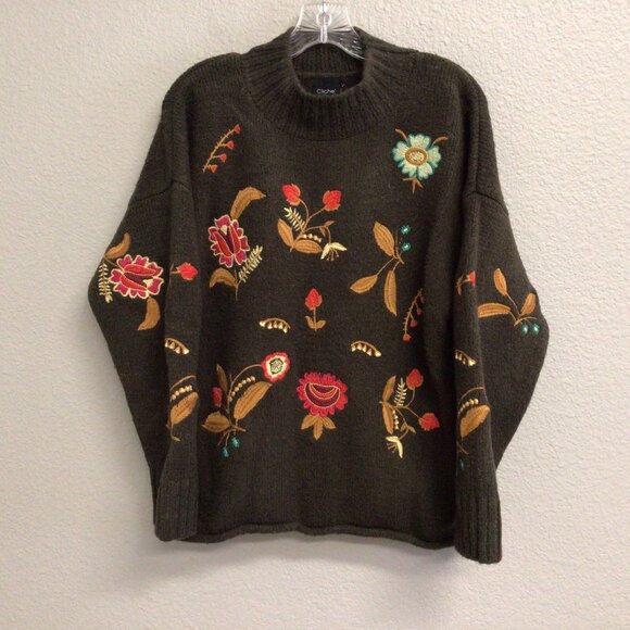 Vintage Cliche Floral Embroidered Mock Neck Pullover Sweater Green Size Large - Picture 8 of 8